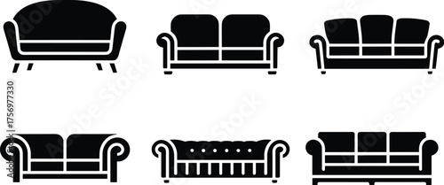 Black and white sofa icon set, modern couch silhouettes, furniture design collection, interior decor symbols, minimalist style, home seating graphic, vector illustration
