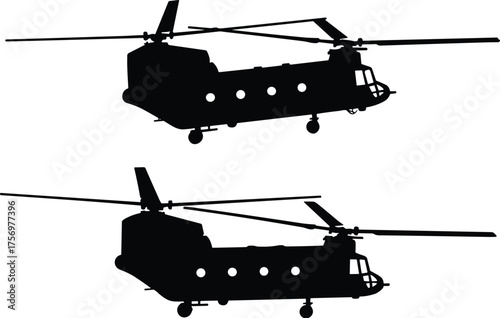 CH-47 Chinook helicopter silhouette, tandem rotor aircraft, military transport, black outline, aviation icon, flying vehicle, isolated graphic, defense equipment, vector illustration, war
