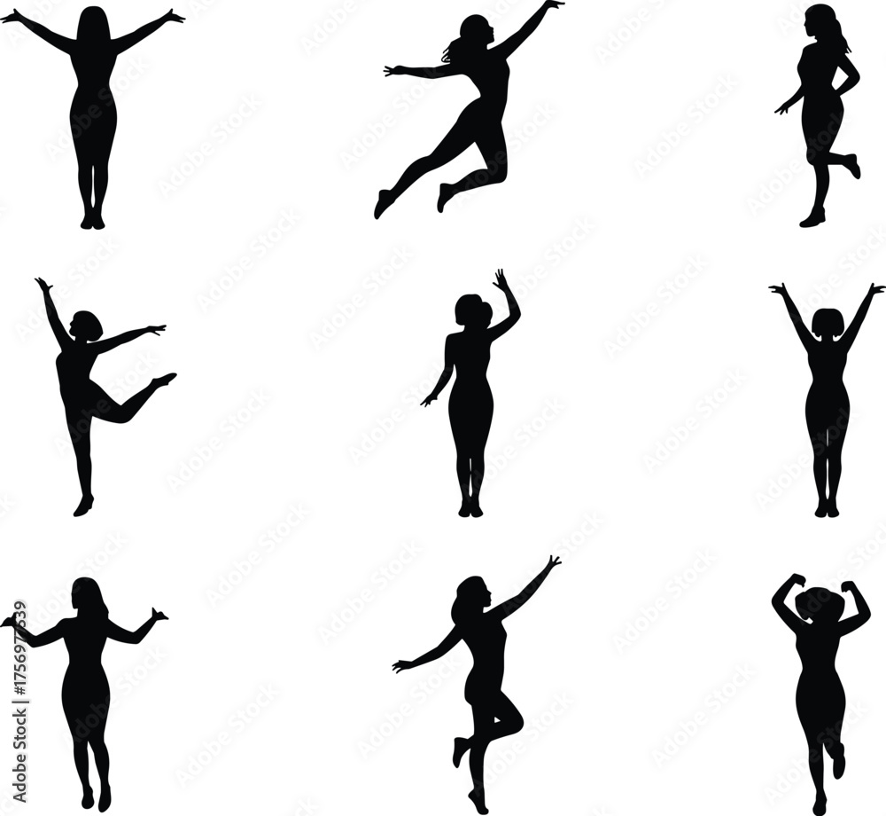 Fototapeta premium Silhouette of expressive human poses, dynamic movement, dance gesture, celebration posture, black figure on white background, artistic body language, isolated person, energetic action, emotion