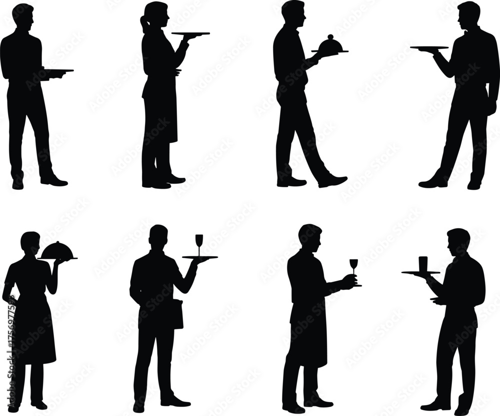 Naklejka premium Waiter waitress silhouette set, black vector icons, serving tray, hospitality staff poses, restaurant service illustration, catering workers, food service, professional uniform, isolated design
