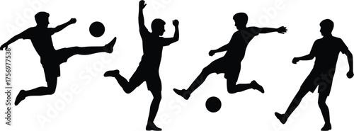 Soccer player silhouette kicking ball, football action pose, athlete movement, sports celebration, dribbling control, black figure icon, dynamic motion, isolated vector illustration