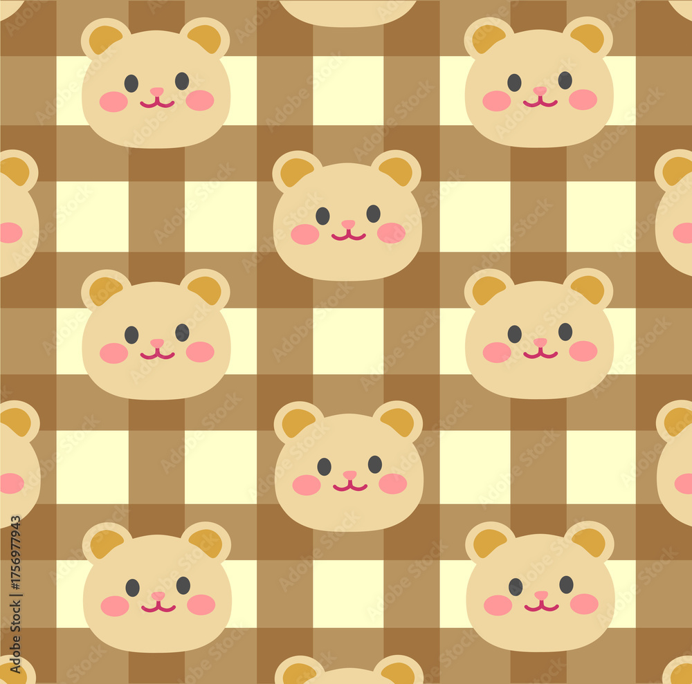 Obraz premium Cute Bear Face Seamless Pattern on Brown Gingham Check Background 