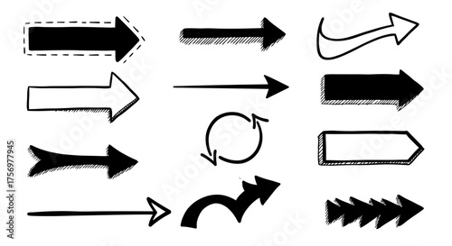 Collection of Hand Drawn Arrows in Various Styles and Directions.
