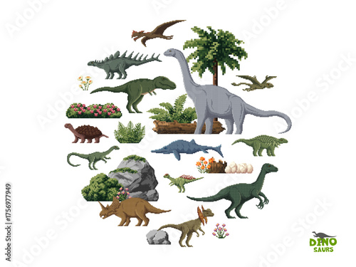 Prehistoric 8 bit pixel art dinosaurs, Jurassic era animals. Retro game isolated vector reptiles. Carbonemys, dilophosaur, tyrannosaur and dravidosaurus, pterodactyl pixel dinosaurs and jungle plants