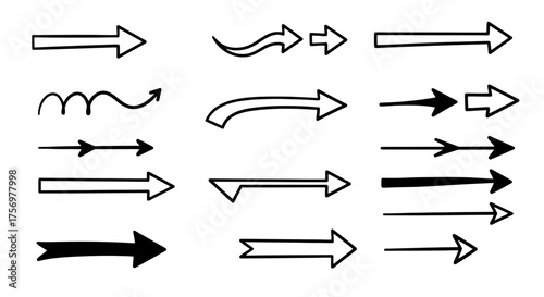 Collection of Hand Drawn Arrows in Various Styles and Directions.