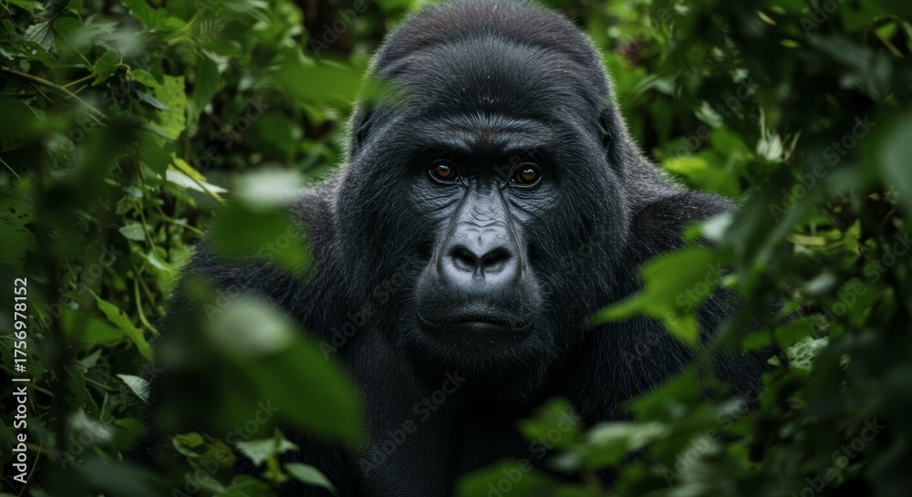 Obraz premium Majestic Mountain Gorilla Portrait Captured in Lush Green Foliage Setting