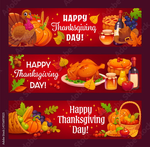 Happy Thanksgiving Day horizontal banners combine vector lettering and cartoon pumpkins, roasted turkey, cornucopia, pie and fruit, honey jar and wine. Thanksgiving Day festive dinner greeting banners