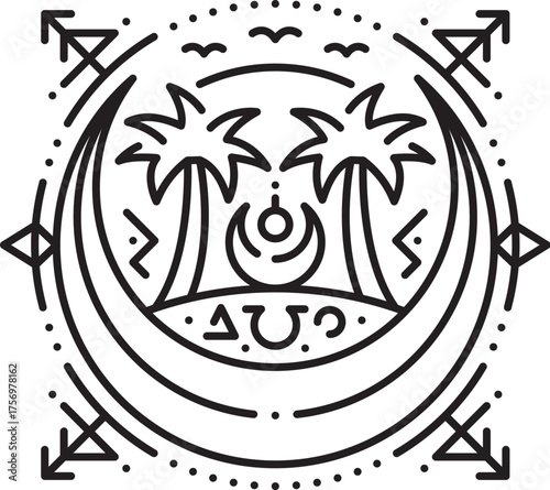 Pirate treasure island esoteric line symbol. Buccaneer nautical esoteric linear vector tattoo, corsair magic thin line symbol. Filibuster pirate marine tarot outline sign with palm trees on beach