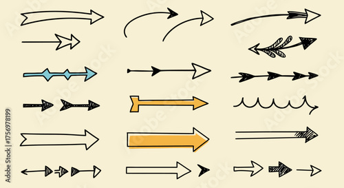 Collection of Hand Drawn Arrows in Various Styles and Directions.