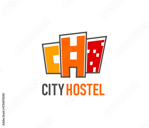 Hostel and hotel business abstract icon or emblem. Resort hostel emblem, rental accommodation business graphic vector symbol. Hotel icon or travel motel company abstract sign with city buildings