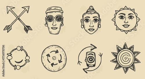 Collection of Hand Drawn Icons Featuring Diverse Symbols and Faces.
