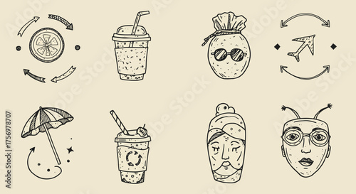 Collection of Hand Drawn Icons Featuring Drinks and Abstract Elements.