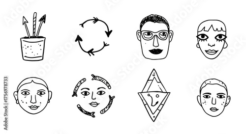 Collection of Hand Drawn Icons Featuring Faces and Symbols.
