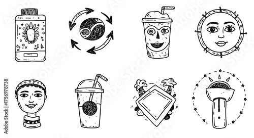 Collection of Hand Drawn Icons Featuring Drinks People and Symbols.