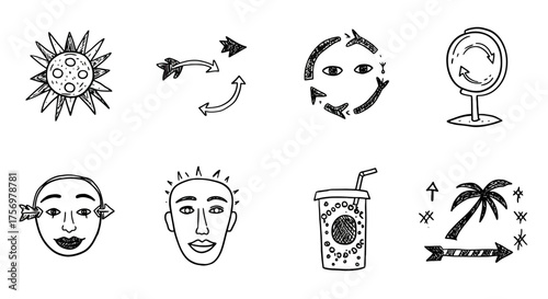 Collection of Hand Drawn Icons Featuring Faces Sun Drink and Palm Tree.