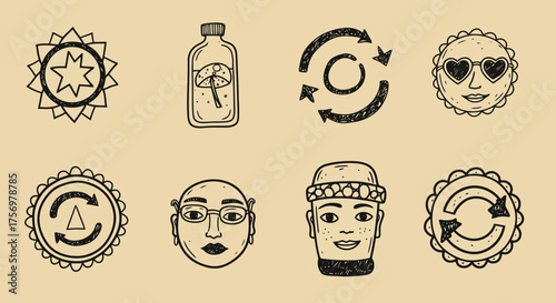Collection of Hand Drawn Icons Featuring Nature People and Symbols.