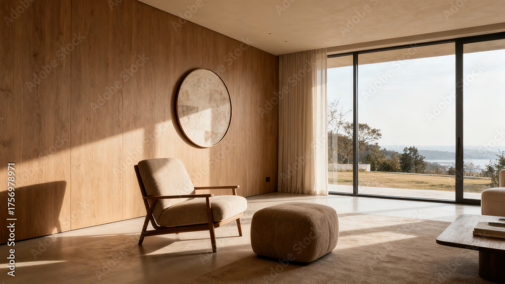 Fototapeta premium Modern Minimalist Wooden Living Space with Scenic View