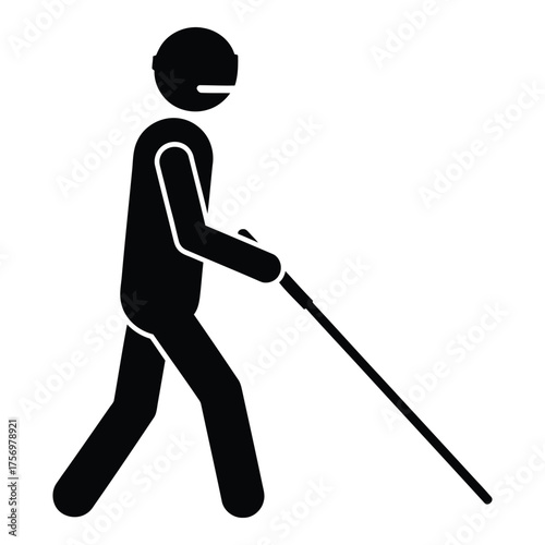 Iconographic representation of a visually impaired person navigating with a white cane walking stick showing mobility aid and support silhouette