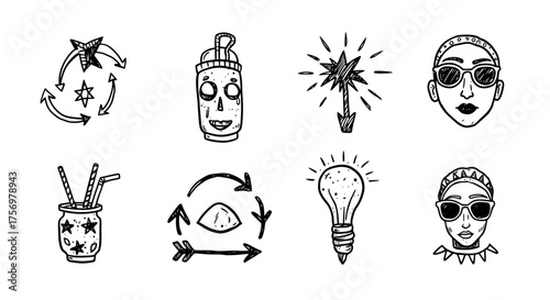 Collection of Hand Drawn Icons Representing Various Concepts.