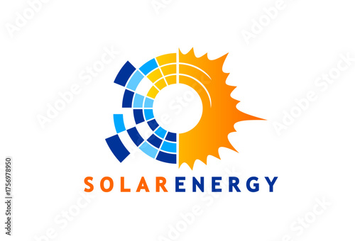 Solar ecologic energy system icon or badge. Clean power company symbol, eco electricity service vector label. Solar energy industry icon or emblem with sunlight beam and solar panel cells