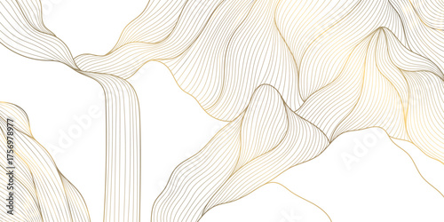 Abstract Japanese mountain landscape in golden linear style, flowing waterfall and geometric terrain. Elegant oriental vector background, luxury design, zen art, poster.