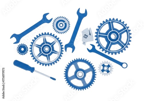 Mechanical parts and tools isolated on white background