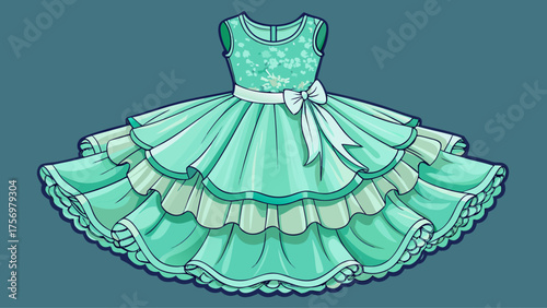 Very beautiful mint green dress with lace bodice and layered tulle skirt, combining elegance and playfulness, perfect for children’s festive fashion illustration or modern vector design compositions.