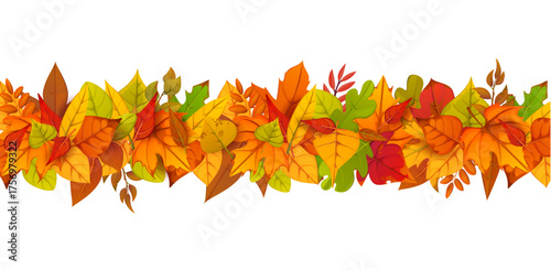 Autumn border with season falling leaves. Cartoon vector fall garland, seasonal festive arrangement of natural elements for banners, invitations, or holiday events. Horizontal herbal divider or frame
