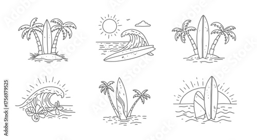 Collection of six minimalist line art illustrations depicting surfboards and palm trees on beaches with waves and sun.