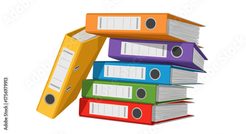 A vibrant stack of colorful document binders rests in a disorganized heap on a white background representing a chaotic filing system.