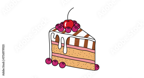 A delicious slice of cake topped with frosting and cherries on a white background.