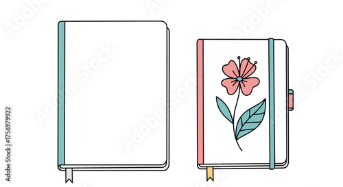 A floral decorated notebook next to a blank notebook with decorative binding.