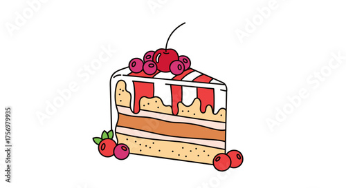 A delicious slice of cake adorned with fresh cherries and a drizzle of sweet syrup.