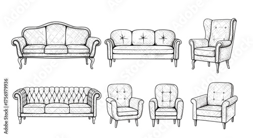 Elegant antique upholstered sofa and armchair collection illustration.