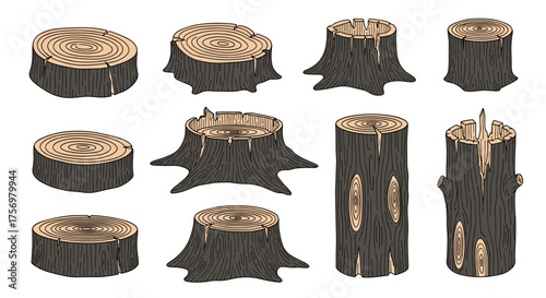 Collection of diverse cut wood stumps and tree logs.