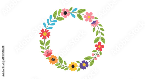 A beautiful circle of colorful flowers and green leaves forming a decorative floral wreath.