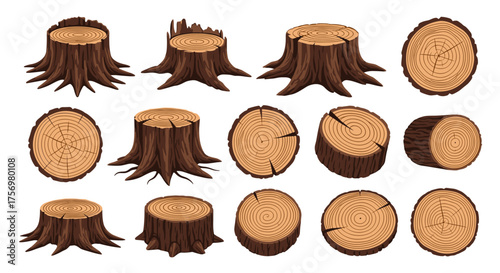 A collection of various tree stumps and cross sections of logs with visible wood grain texture for crafting and woodworking.