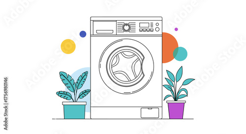 A modern washing machine with plants on either side and colorful circles in the background.