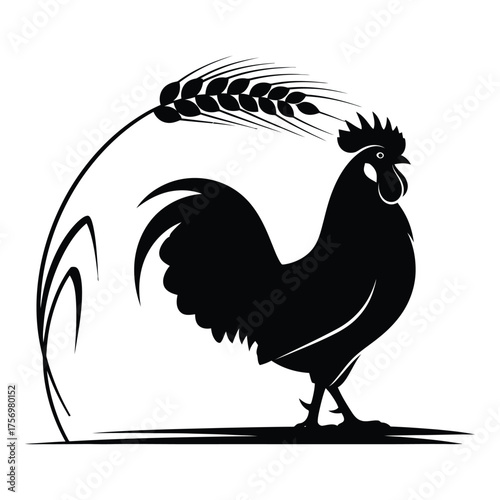 Silhouette of a proud rooster with wheat stalks symbolizing agriculture and farm freshness in a declarative style silhouette