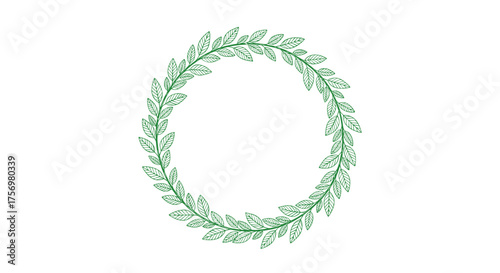 A delicate hand drawn circular wreath of green leaves forms a decorative border on a white background.