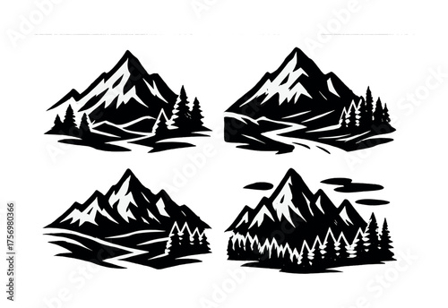 Vector Set of black and white mountain silhouettes with trees and rivers