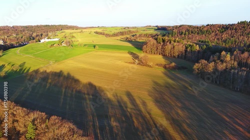 Hills covered with meadows and fields with green grass in the evening sunlight