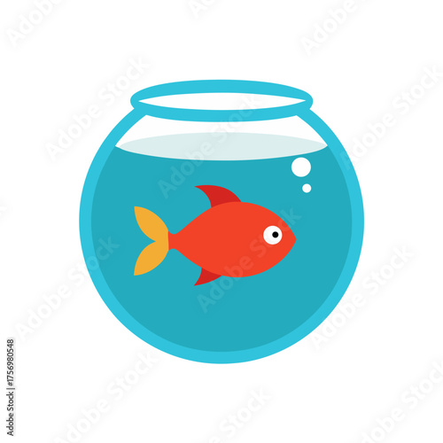 Cute cartoon goldfish swimming in a round fishbowl with bubbles