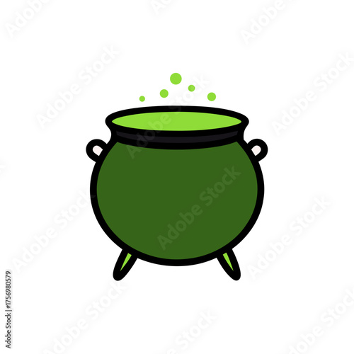Green witch cauldron with bubbling green potion and black background