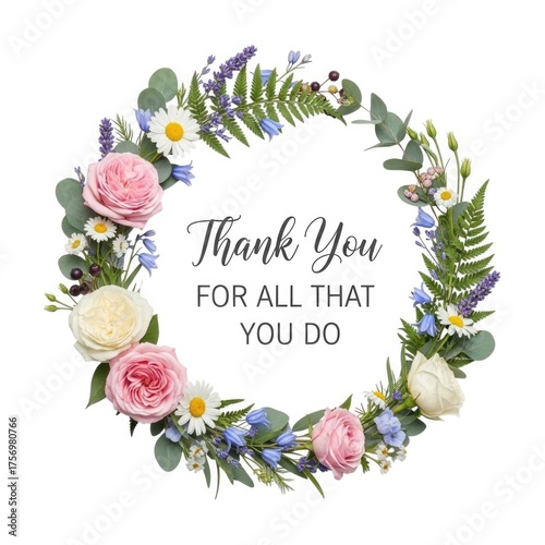 Floral wreath thank you isolated on white background
