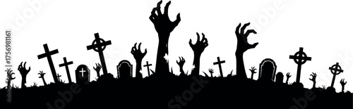 Zombie hands emerge from graveyard cemetery with tombstones and crosses silhouette for halloween vector