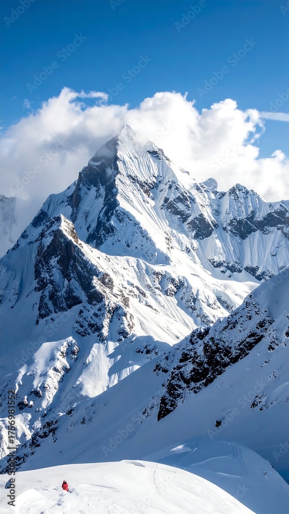Fototapeta premium Majestic snowy peak under partly cloudy sky with bright sunlight