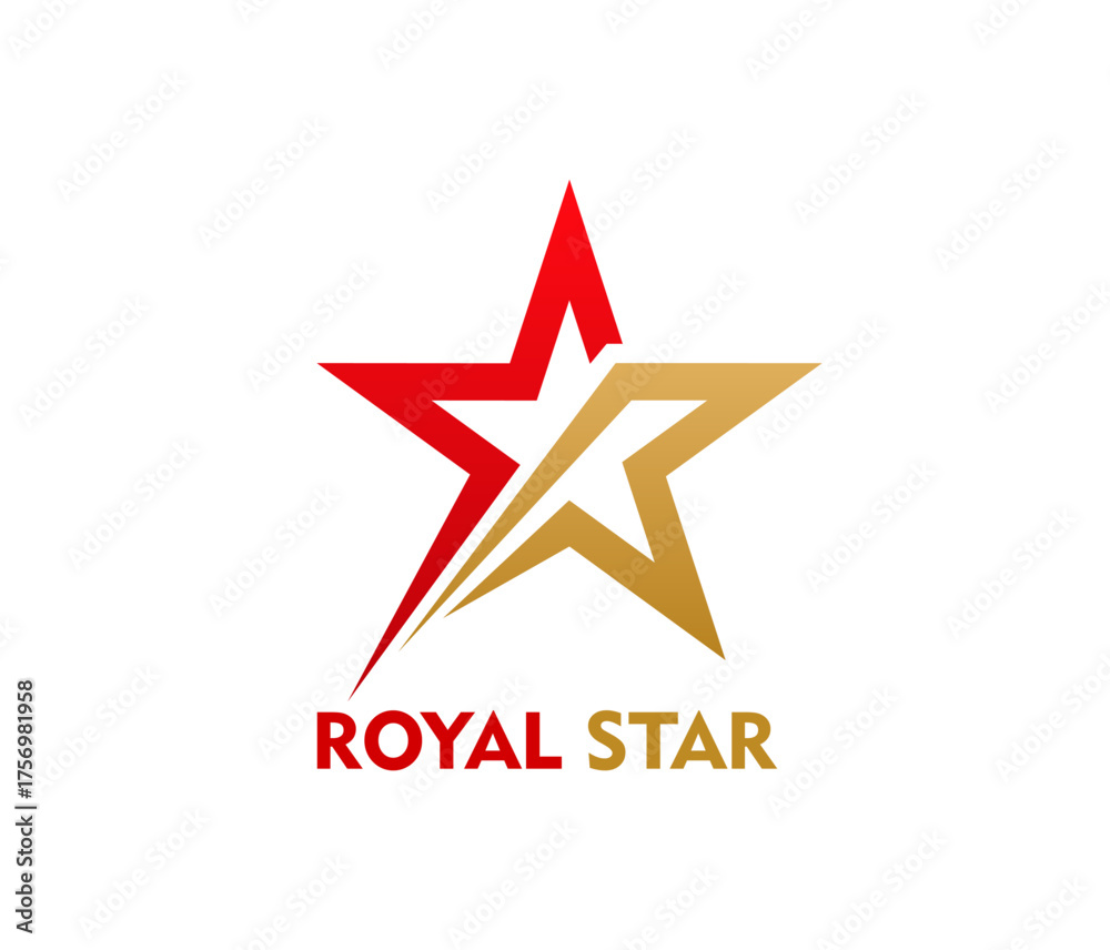 Obraz premium Royal gold and red star geometric icon or symbol. Business leadership award luxury sign, sport team success graphic vector symbol. Company star abstract icon or brand identity geometric emblem