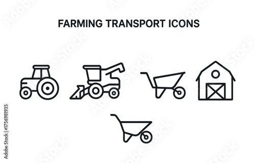 Vector Farming transport icons: tractor, harvester, wheelbarrow, barn line art set