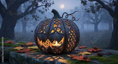 Celtic metal jack-o'-lantern in foggy forest